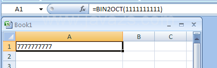 =BIN2OCT(1111111111) converts binary 1111111111 to octal