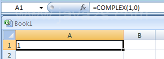 Input the formula: =COMPLEX(1,0)