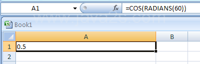 Input the formula: =COS(RADIANS(60))