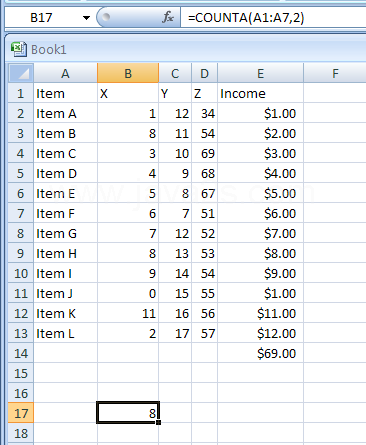 =COUNTA(A1:A7,2) counts the number of nonblank cells in the list above and the value 2