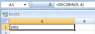 =DEC2BIN(9, 4) converts decimal 9 to binary with 4 characters