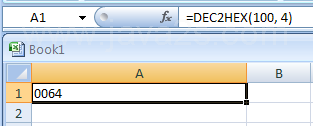 Input the formula: =DEC2HEX(100, 4)