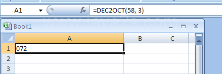 =DEC2OCT(58, 3) converts decimal 58 to octal