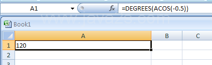 Input the formula: =DEGREES(ACOS(-0.5))