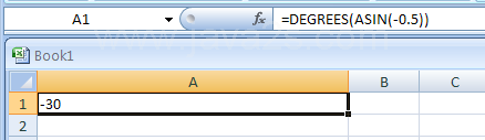 Input the formula: =DEGREES(ASIN(-0.5))