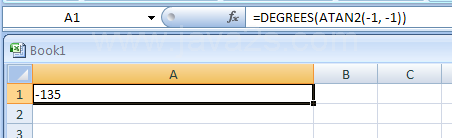 Input the formula: =DEGREES(ATAN2(-1, -1))