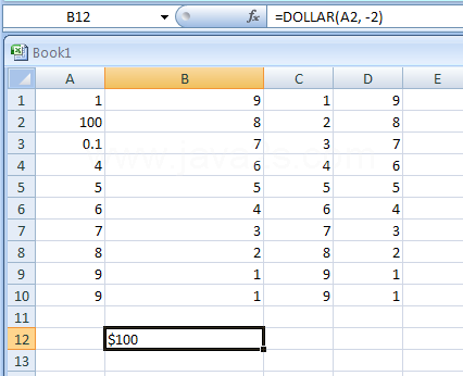 Input the formula: =DOLLAR(A2, -2)