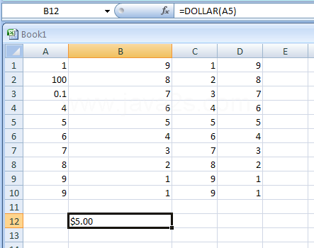 =DOLLAR(A5): Displays the fourth number in a currency format, 2 digit to the left of the decimal point