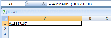 =GAMMADIST(10,8,2,TRUE) returns the cumulative gamma distribution