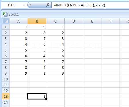 Input the formula: =INDEX((A1:C6,A8:C11),2,2,2)