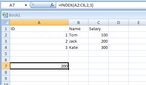Input the formula: =INDEX(A2:C6,2,3)