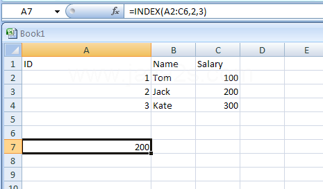 =INDEX(A2:C6,2,3) gets the intersection of the second row and third column in the range A2:C6