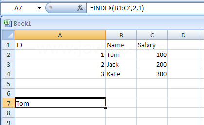 Input the formula: =INDEX(B1:C4,2,1)