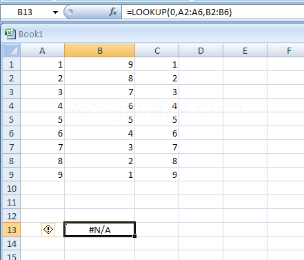 =LOOKUP(0,A2:A6,B2:B6) looks up 0 in column A, and returns an error because 0 is less than the smallest value
