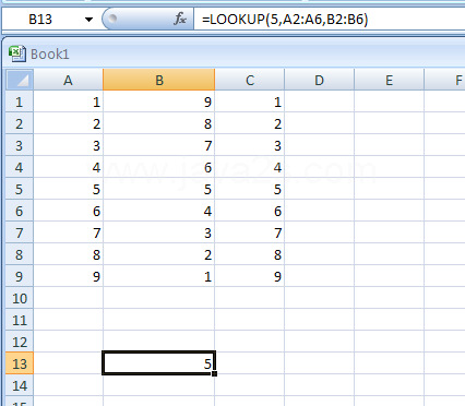 =LOOKUP(5,A2:A6,B2:B6) looks up 5 in column A, matches the next smallest value (3), and returns the value from column B that's in the same row