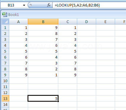 Input the formula: =LOOKUP(5,A2:A6,B2:B6)