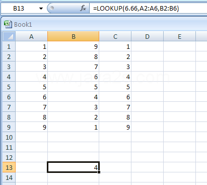 =LOOKUP(6.66,A2:A6,B2:B6) looks up 6.66 in column A, matches the next smallest value, and returns the value from column B that's in the same row
