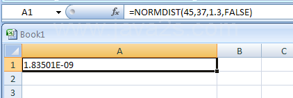 =NORMDIST(45,37,1.3,FALSE) returns the probability mass function