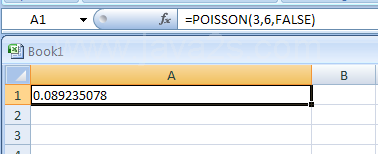 =POISSON(3,6,FALSE) returns the poisson probability mass function with the terms above