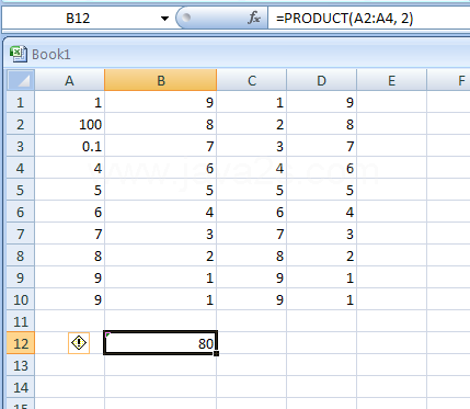Input the formula: =PRODUCT(A2:A4, 2)