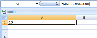 Input the formula: =SIN(RADIANS(30))