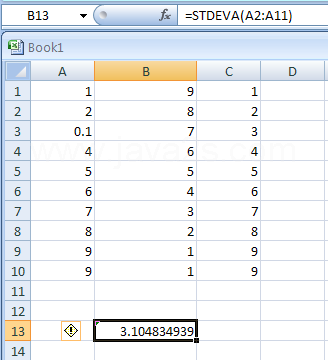 =STDEVA(A2:A11) calculates standard deviation based on the entire population