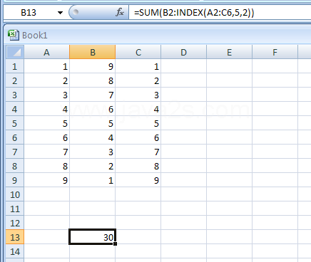 Input the formula: =SUM(B2:INDEX(A2:C6,5,2))