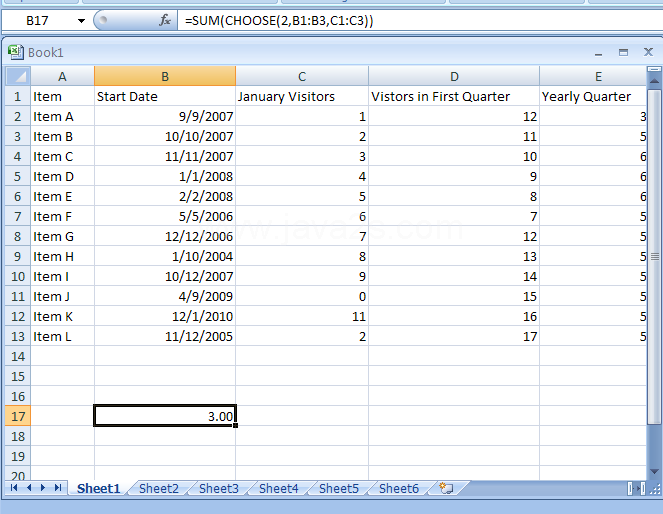 Input the formula: =SUM(CHOOSE(2,B1:B3,C1:C3))