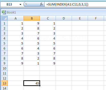 =SUM(INDEX(A1:C11,0,3,1)) returns the sum of the third column in the first area of the range A1:C11