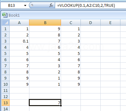 Input the formula: =VLOOKUP(0.1,A2:C10,2,TRUE)