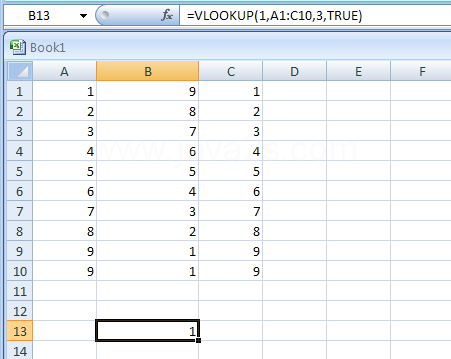 =VLOOKUP(1,A1:C10,3,TRUE)