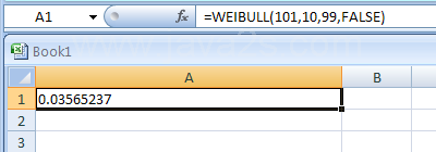 =WEIBULL(101,10,99,FALSE) returns thg weibull probability density function