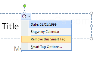 Point to the text with the smart tag, click the Smart Tag button, and then click Remove This Smart Tag.