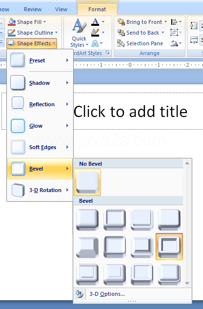 To remove the 3-D effect, click the Shape Effects button, point to Preset or Bevel, and then click No Preset or No Bevel.