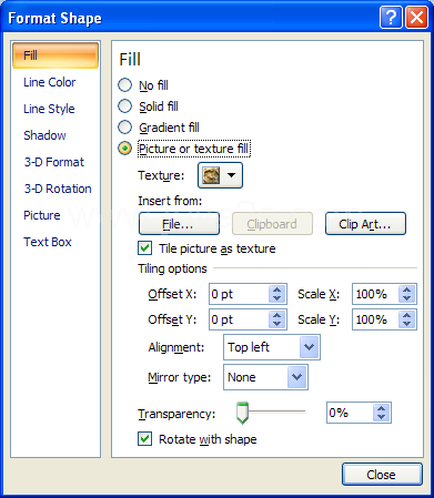 Click Fill. Click Picture or texture fill option.