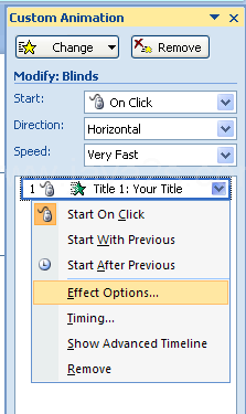 In the Animation Order list, click the list arrow of the animation to add a sound, and then click Effect Options.