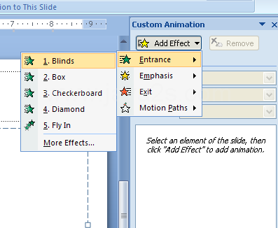 In the Custom Animation task pane, click Add Effect, point to a category, and then choose an effect from the animation list.