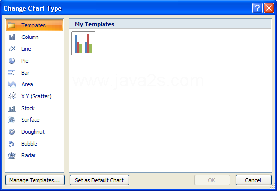 In the left pane, click Templates. Click the custom chart type. Click OK.