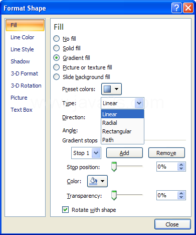 Click the Type list arrow, and then select a gradient direction.