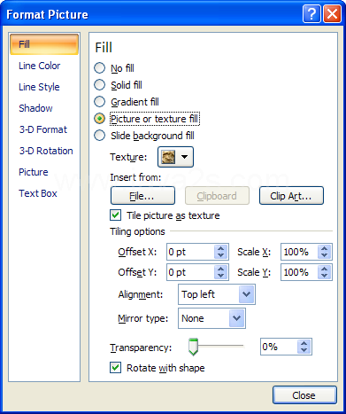 Click Fill. Click the Picture or texture fill option.
