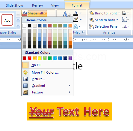 Click the WordArt text. Click the Format tab under Drawing Tools. Click the Text Fill button. Color to select a theme or standard color.