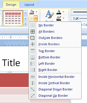 No Border, All Borders, Outside Borders, Inside Horizontal Border, Inside Vertical Border, Diagonal Down Border, Diagonal Up Border.