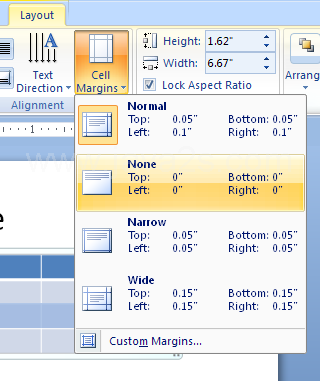To change margins, click the Cell Margins button, and then click a cell size margin option: Normal, None, Narrow, Wide, or Custom Margins.