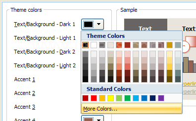 Click a new color, or click More Colors to select a color from the Standard or Custom tab, and then click OK.