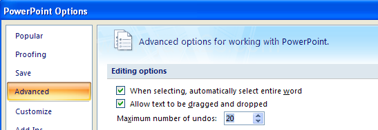 Click Advanced, specify the maximum number of undos.