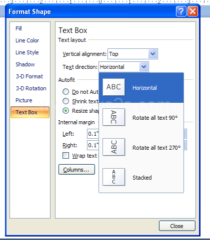 Click the Text Direction list arrow, and then select: Horizontal, Rotate all text 90, Rotate all text 270, or Stacked.