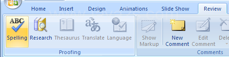 Click the Review tab. Click the Spelling button.