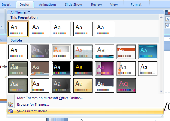 Click the More list arrow in the Themes gallery, and then click Save Current Theme.