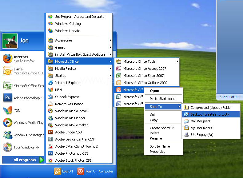 Create a program shortcut from the Start menu to the desktop