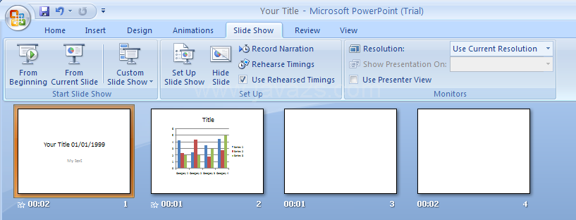 Review and edit individual timings in Slide Sorter view.